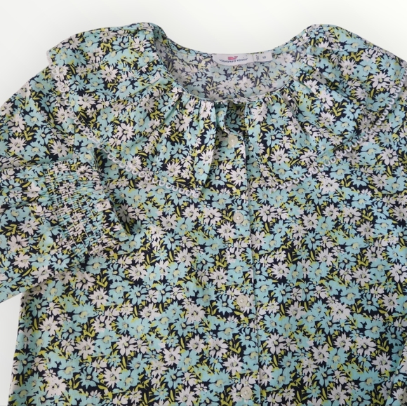 Vineyard Vines Girls 10 Floral Ruffle Collar Blouse Long Sleeve Top Blue Green - Picture 1 of 7